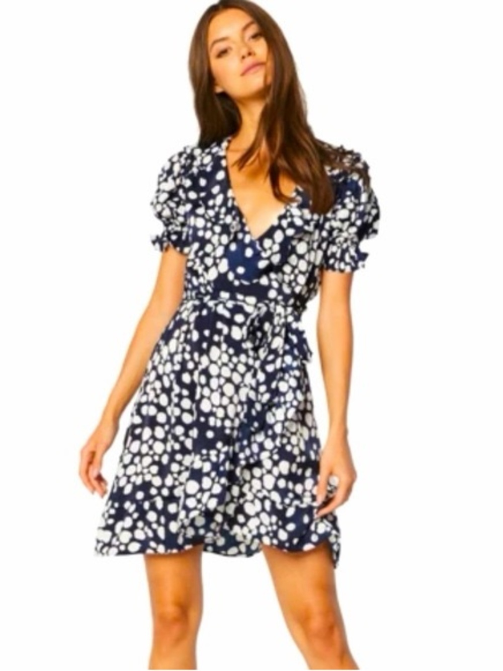 MISA Los Angeles Navy Dot Ruffle Mini Dress, Size M